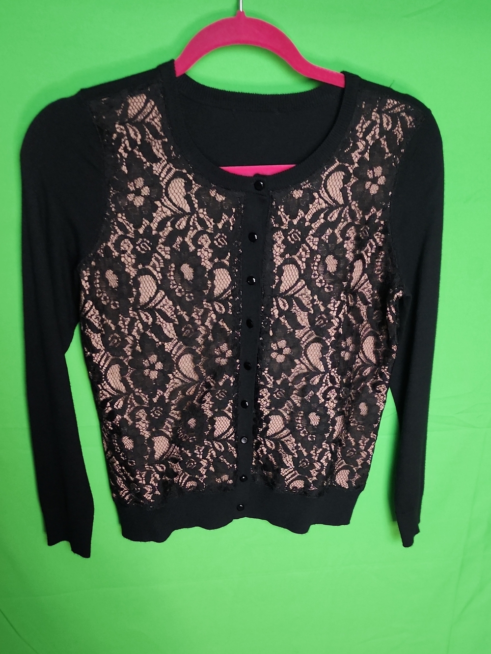 Express Black Floral Lace Overlay Knit Cardigan Nude Lining